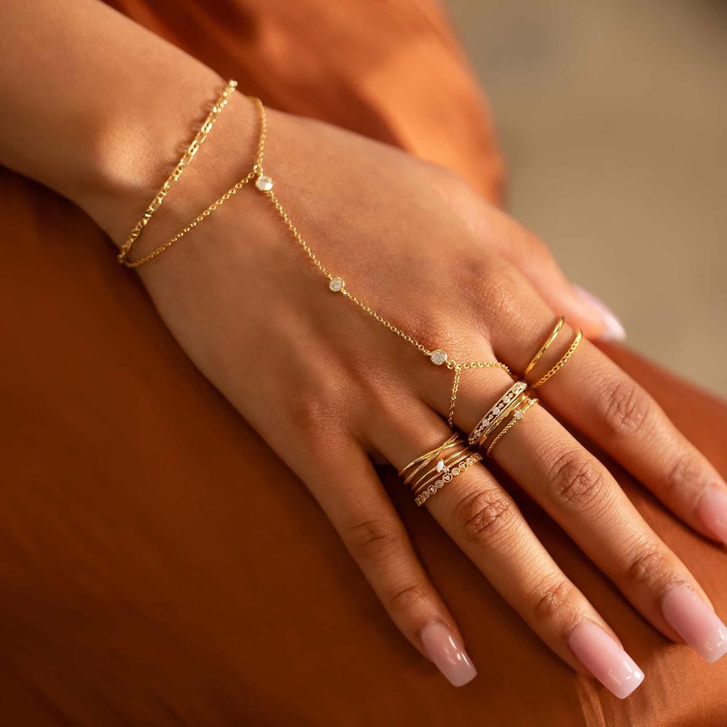 Listine Hand Chain Bracelet 14K Gold Plated Ring Bracelet Hand Chain Trendy Stuff for Women Dainty Hand Bracelets with Finger Ring Hand Jewelry for Women