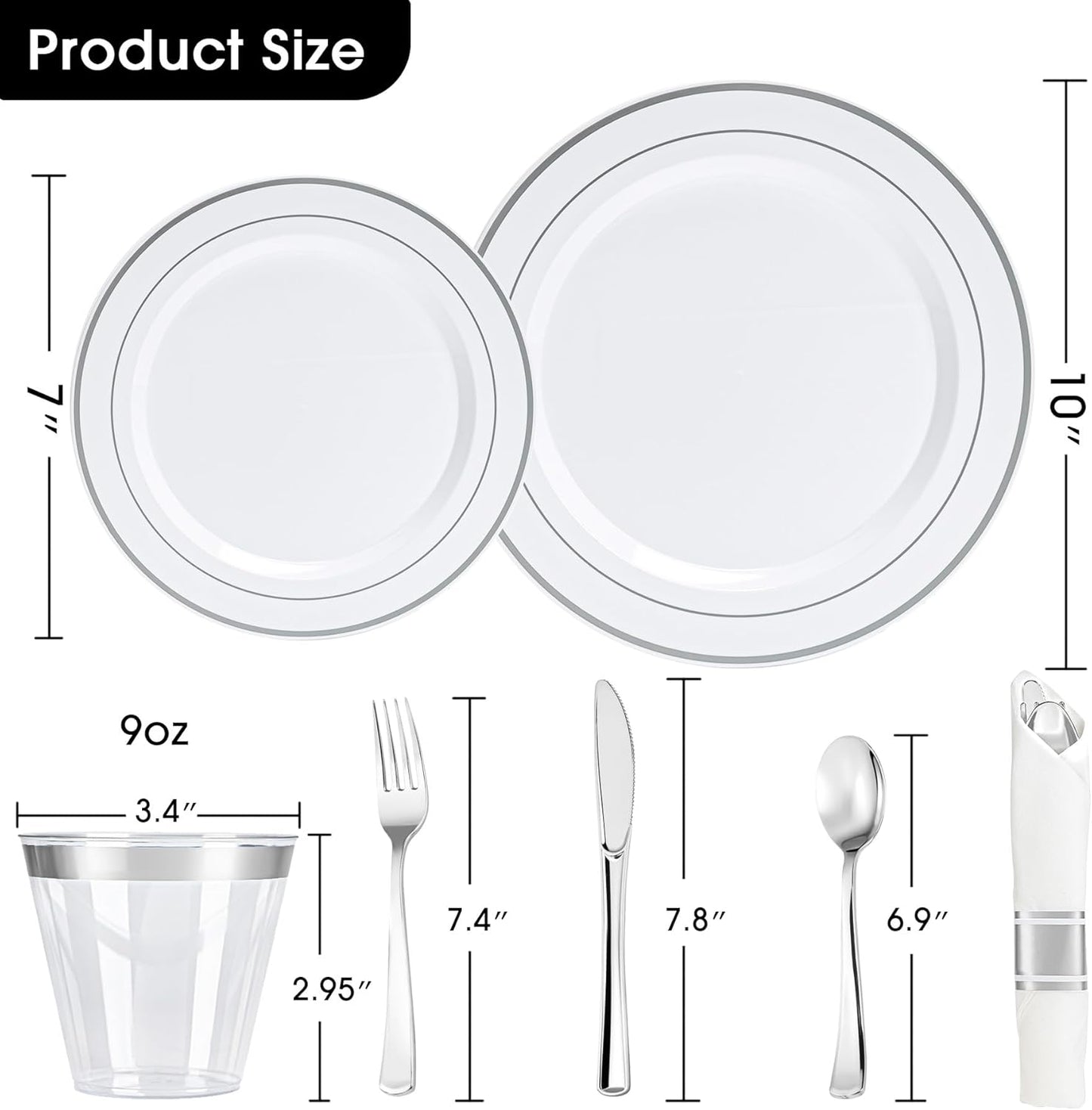 350 PCS White and Silver Plastic Dinnerware Set for 50 Guests, 100 Thanksgiving Disposable Plates for Party, 50 Pre Rolled Napkins with Silver Silverware, 50 Cups