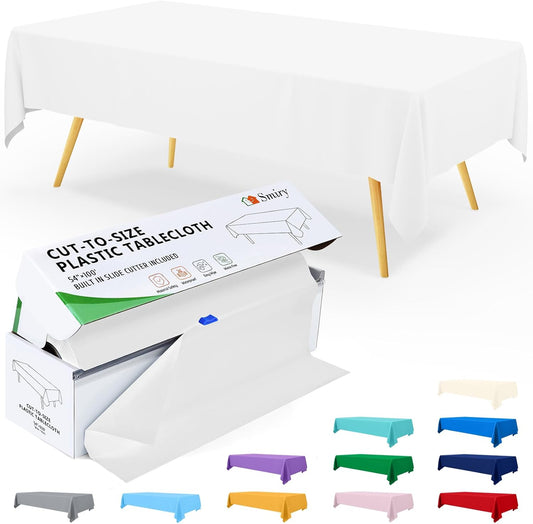 Smiry 54 Inch x 300 Feet Disposable Table Cover Roll, White Plastic Table Cloth in Cut-to-Size Box with Slide Cutter, Waterproof Rectangle Tablecloths for Weddings, Banquets, Outdoor