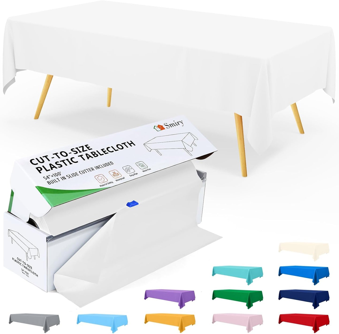 Smiry 54 Inch x 100 Feet Disposable Table Cover Roll, White Plastic Table Cloth in Cut-to-Size Box with Slide Cutter, Waterproof Rectangle Tablecloths for Weddings, Banquets, Outdoor