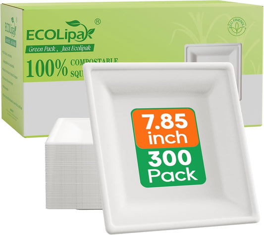 ECOLipak 7.85 Inch Compostable Square Paper Plates, 300 Count Heavy Duty Paper Plates, Eco Friendly Disposable Sugarcane for Party, Daily