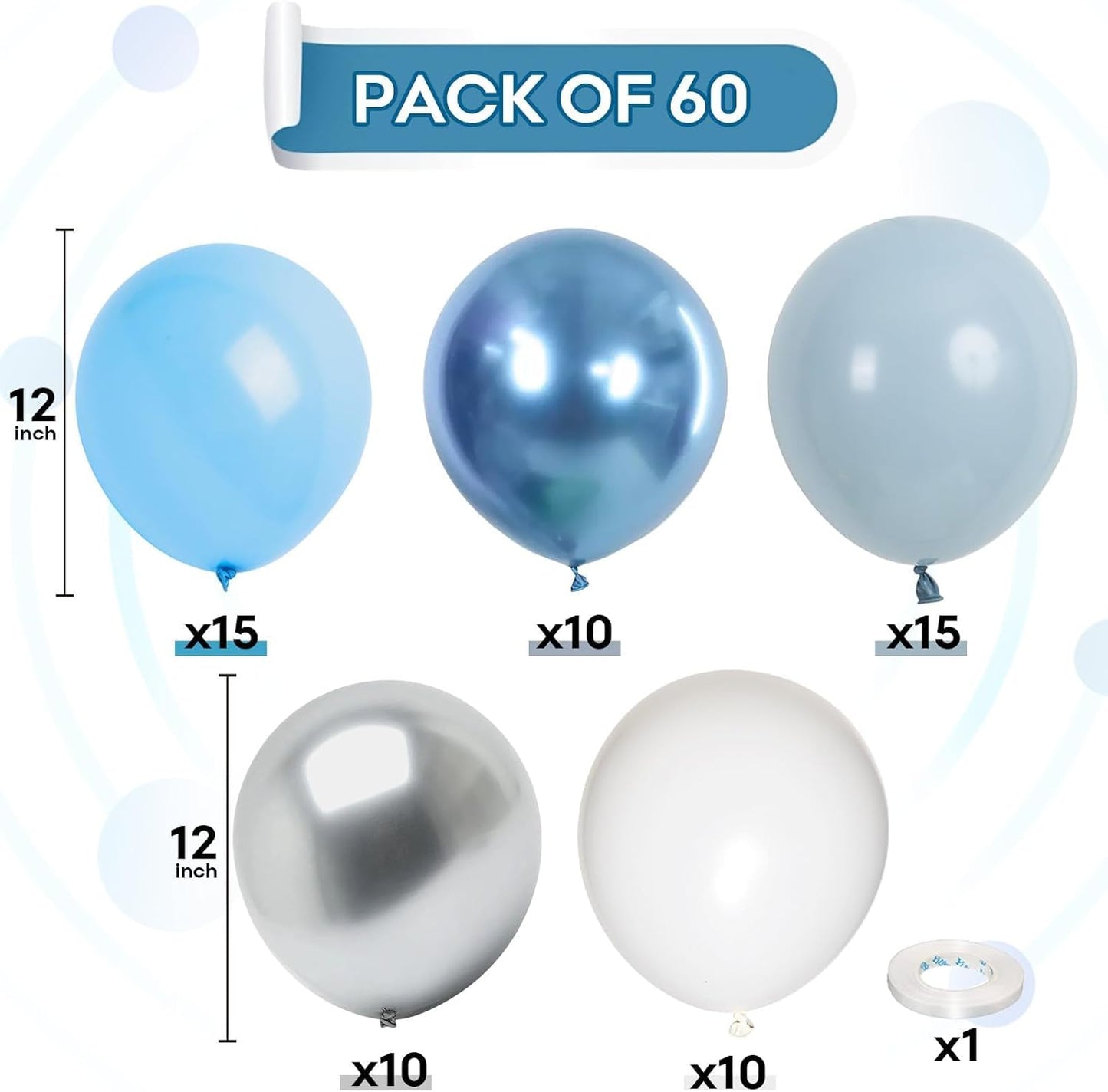 60 Pcs Baby Blue and Silver Balloons, 12 Inch Light Blue Dusty Pale Blue White Latex Balloons with Chrome Metallic Silver Party Balloons for Boys Baby Shower Baptism Winter Birthday Party Decorations