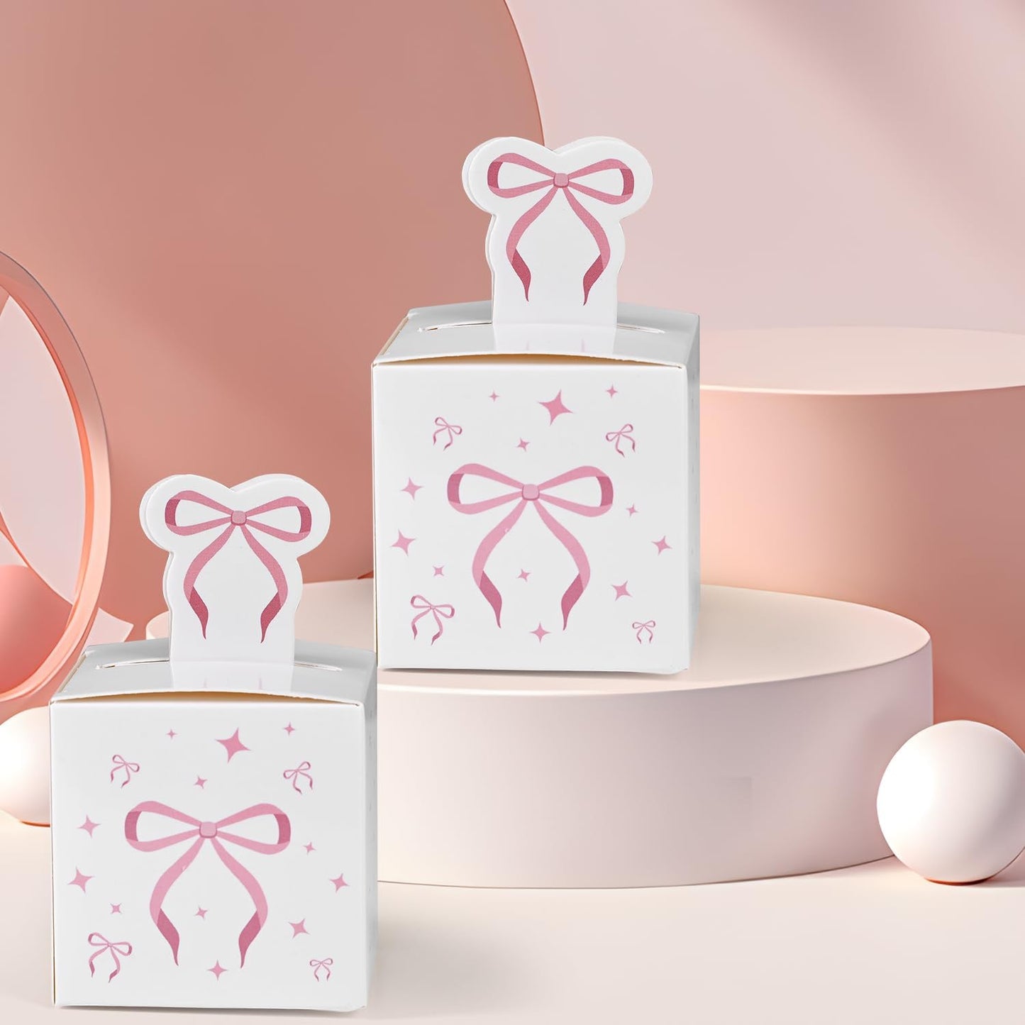 HappFestiv 24 Pcs Pink Bow Party Favor Boxes, 2.17inch Cute Foldable Goodie Boxes for Candy & Snacks, Treat Boxes for Bachelorette Bridal Shower, Birthday Party Supplies, Baby Shower Decorations