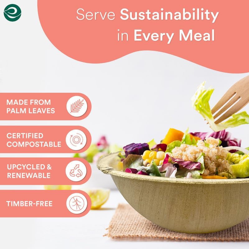 ECO SOUL 100% Compostable, Biodegradable, Disposable Palm Leaf Bowls, Like Bamboo Bowls, Eco-friendly | Sturdy, Microwave & Oven Safe (50, Large 6" (16 Oz) | Round)