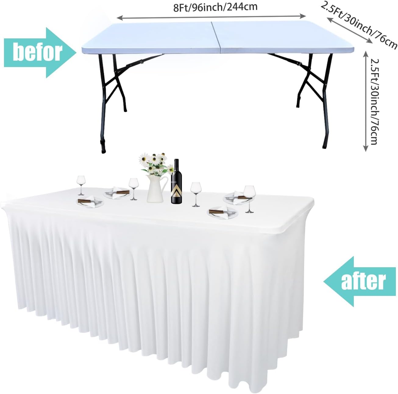4 Pack - White Spandex Table Skirt for 8ft Tables (96" L x 30" W x 30" H) | Stretch, Washable & Wrinkle-Resistant Fitted Cover | Banquet, Birthday Party Decor