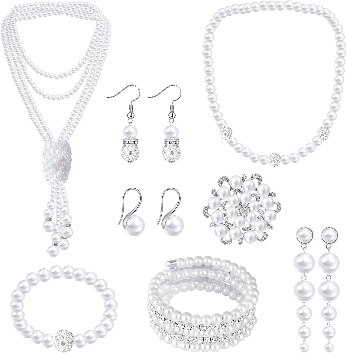 Pearl Jewelry Set for Women Faux Pearl Costume Jewelry Set with Necklace, Bracelets, Ring, Earrings for Wedding Bridal Birthday Tea Party