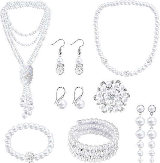 Pearl Jewelry Set for Women Faux Pearl Costume Jewelry Set with Necklace, Bracelets, Ring, Earrings for Wedding Bridal Birthday Tea Party