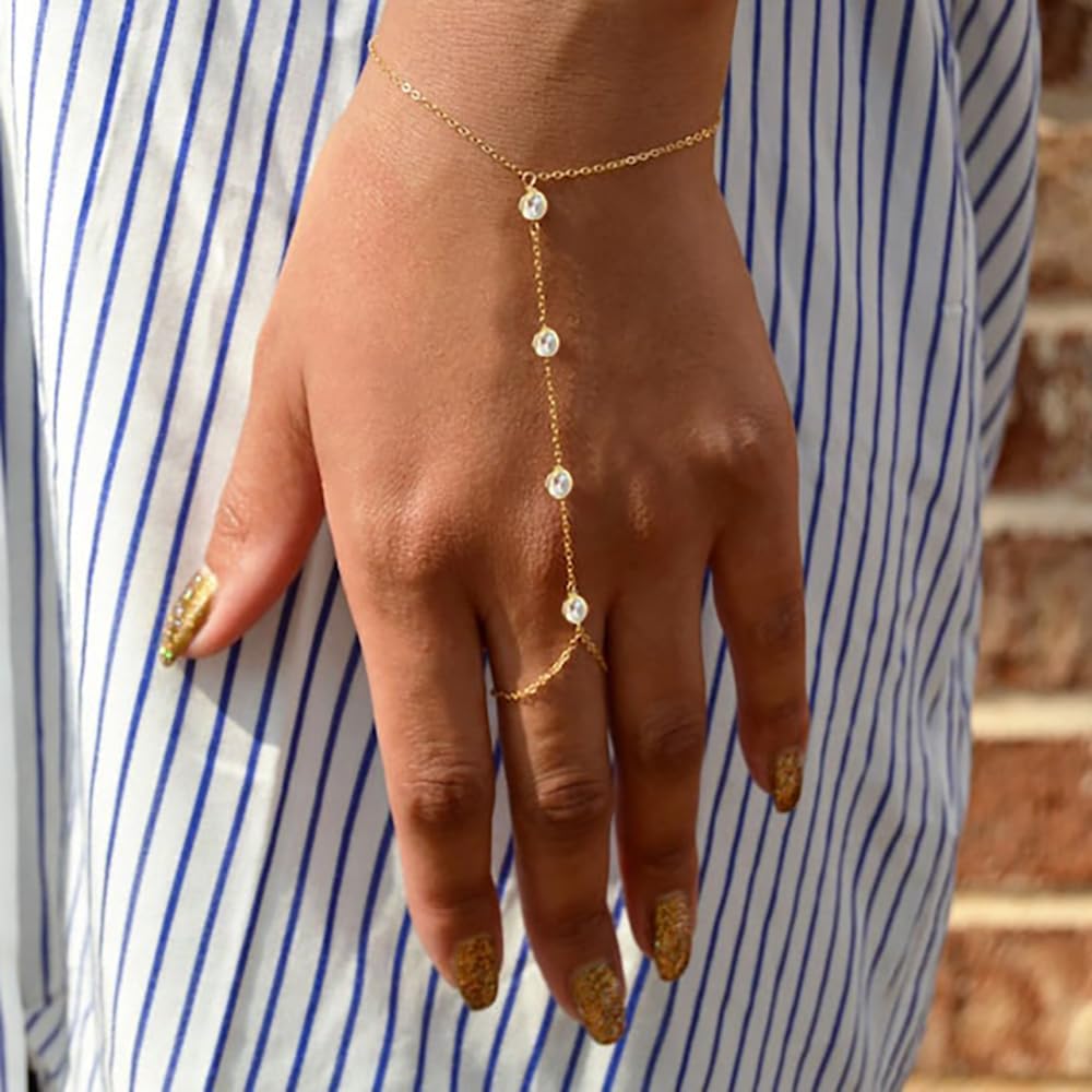 Listine Hand Chain Bracelet 14K Gold Plated Ring Bracelet Hand Chain Trendy Stuff for Women Dainty Hand Bracelets with Finger Ring Hand Jewelry for Women
