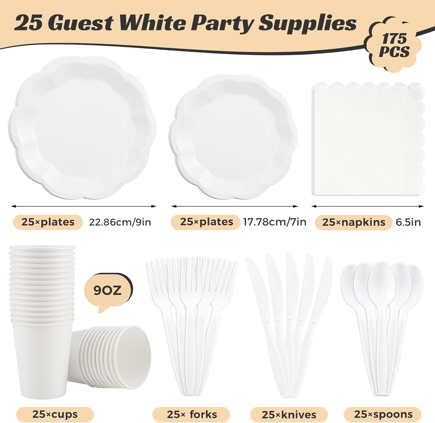 175 Pcs White Plates and Napkins Set, 25 Guest White Party Supplies Include Scalloped Plate Paper Napkin Cup Forks Knives Disposable Plastic Cutlery for Wedding Baby Shower Birthday Party