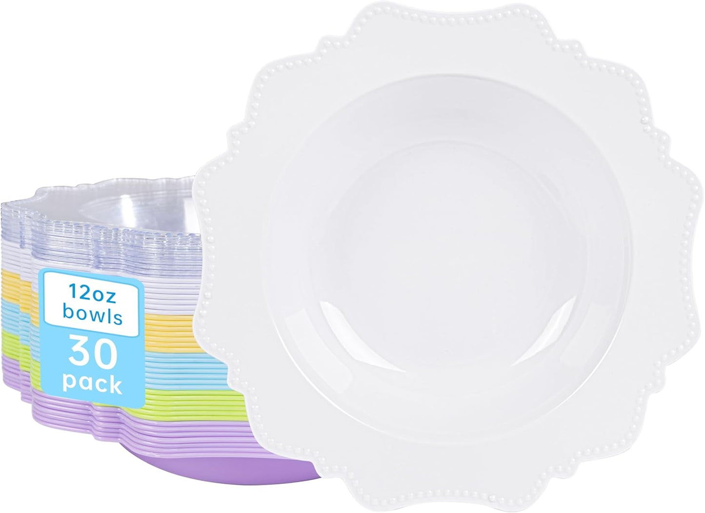 COLOSUS Plastic Multi-color Bowls (30 Pack) 12 Oz Disposable for Party Dessert/Salad Bowl, Fancy Shatterproof Dinnerware for Catering, Holidays, Children Party, and Everyday Use