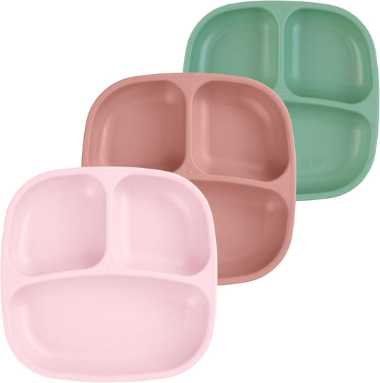 Re-Play Toddler Plates with Dividers - Deep-Walled 3 Compartments Divided Plates for Kids - Dishwasher & Microwave Safe - Made in USA - Set of 3-7.37" x 7.37" x 1.25" - Blossom