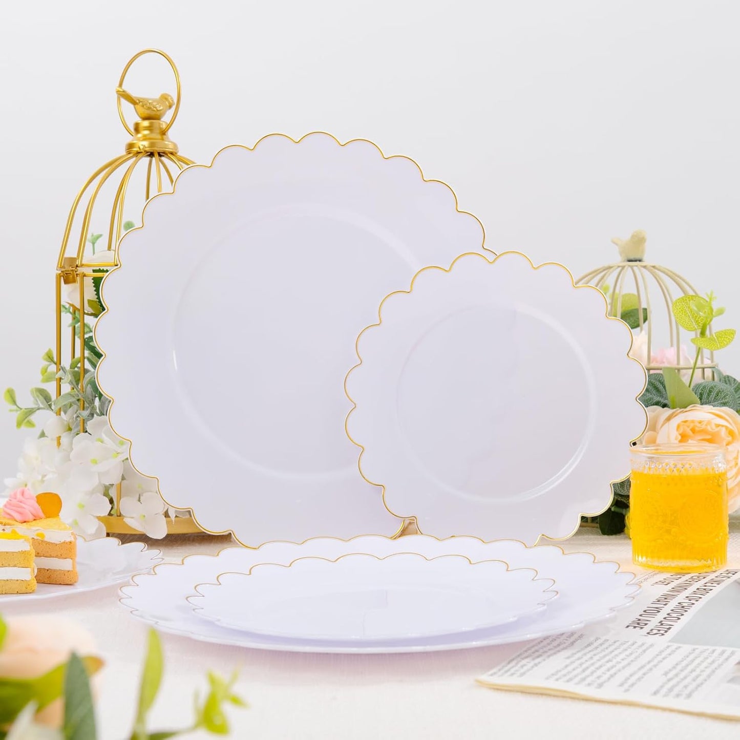 LIYH 120 Pcs White Plastic Plates Wedding Plates Disposable Heavy Duty Scalloped Plastic Plate Includes: 60 Dinner 10.25" & 60 Dessert Plate 7.5" Elegant Gold Rim Suitable for Bridal Shower Party
