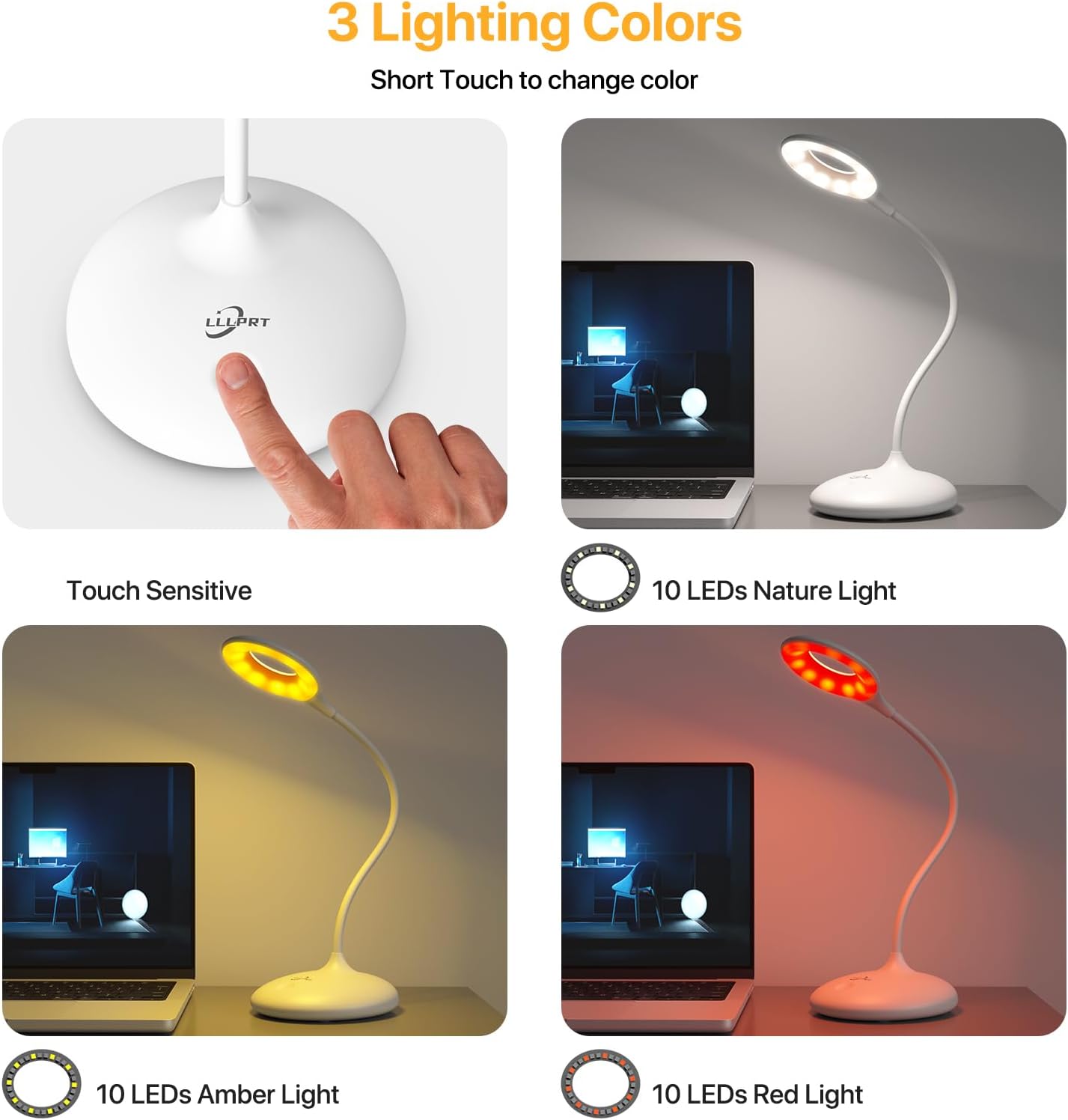 LED Desk Lamp with 3 Color Modes, Touch Control 30 LEDs Table Lamp, Stepless Dimming Reading Light,360° Flexible, Rechargeable Portable Eye-Caring Sleep Aid for Dorm Study Office Bedroom, White