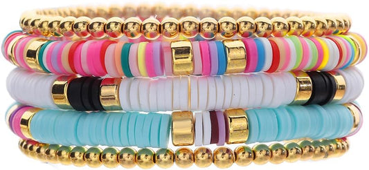 Friendship Bracelets for Women - Heishi Surfer Colorful Smile Evil Eye Clay Beaded Stretch Bracelets Elastic Layering - Stackable Boho Disc Y2K Aesthetic Summer Jewelry Set.
