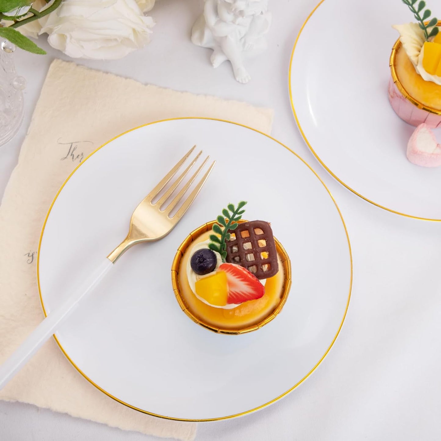 I00000 72PCS White Plastic Dessert Plates 7.5" with 72PCS Disposable Forks 8.5", Disposable White Dessert Plate, Fancy Salad Plates with Gold Rims Perfect for Wedding