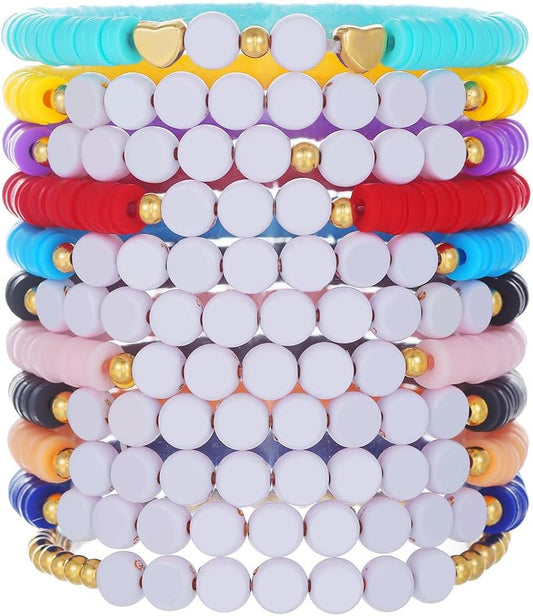 Heishi Surfer Clay Bead Bracelets Set for Women - Preppy Smile Evil Eye Beaded Stretch Bracelets Elastic Layering Friendship Bracelets- Stackable Boho Disc Summer Jewelry Set