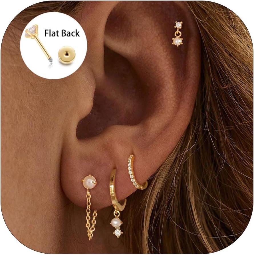 Gold Earrings for Women, 14k Gold Plated Dangle Huggie Earrings for Women Trendy Dainty Gold Hoop Earring Stacks Hypoallergenic Pearl Chain Drop Cartilage Earring Fashion Womens Jewelry