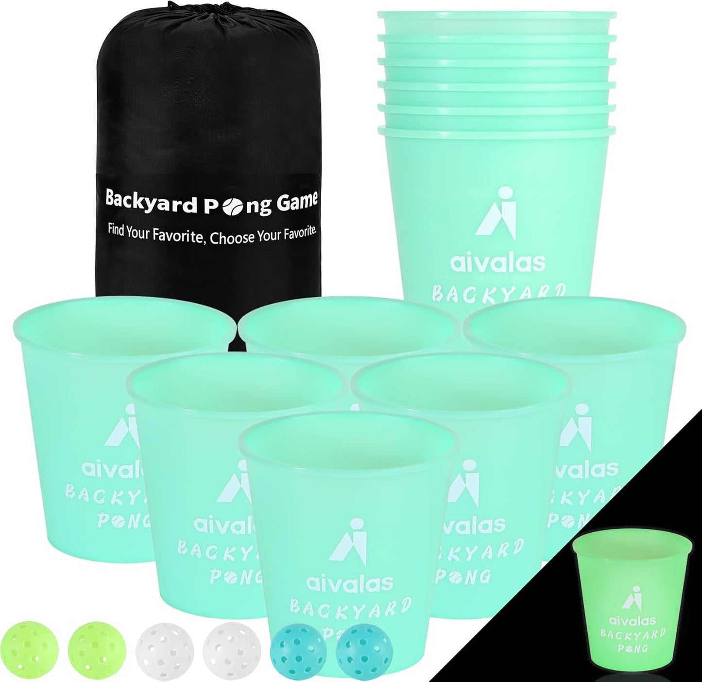 Yard Pong Outdoor Games Glow Set in Dark for Adults,Family and Kids,Giant Yard Pong for Beach,Camping,Lawn,Backyard and Yard Parties,with Buckets, Balls and Carrying Bag
