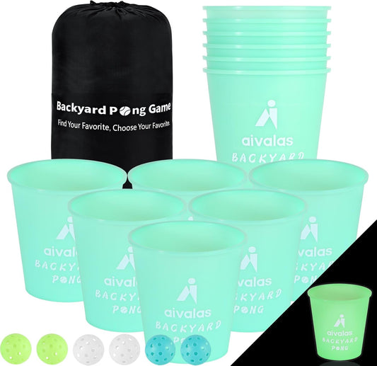 Yard Pong Outdoor Games Glow Set in Dark for Adults,Family and Kids,Giant Yard Pong for Beach,Camping,Lawn,Backyard and Yard Parties,with Buckets, Balls and Carrying Bag