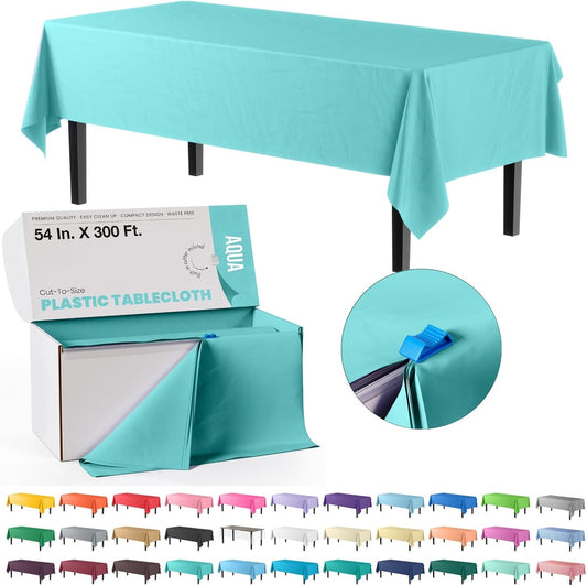 Party Solids 54 Inch X 300 Feet Aqua Plastic Table Cover Roll in A Cut - to - Size Box with Convenient Slide Cutter. Cuts Up to 36 Rectangle 8 Feet Plastic Disposable Tablecloths