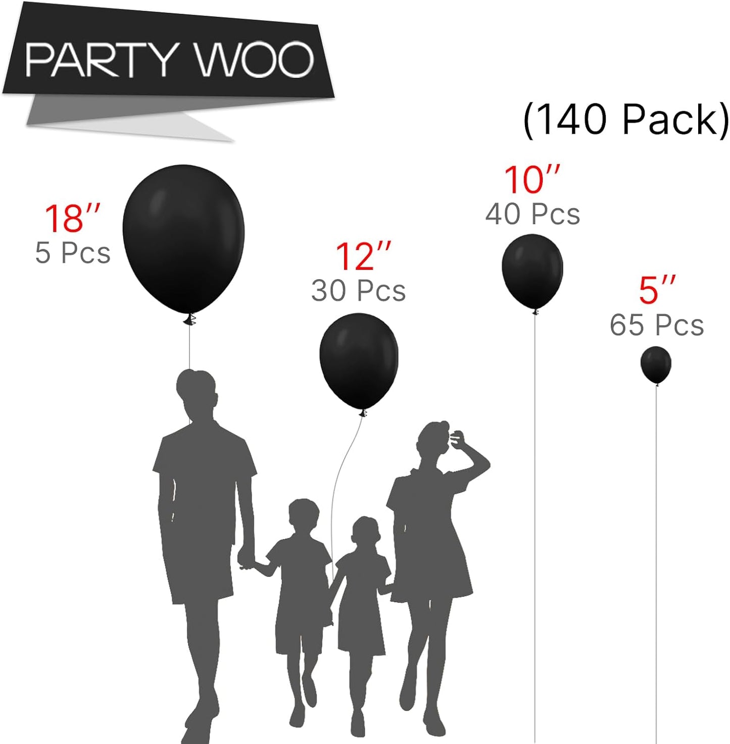 PartyWoo Black Balloons 140 pcs Different Sizes Pack of 18 12 10 5 Inch Matte Black Latex Balloon Arch Kit Garland for Graduation Halloween New Year Anniversary Birthday Party Decorations Black-Y18