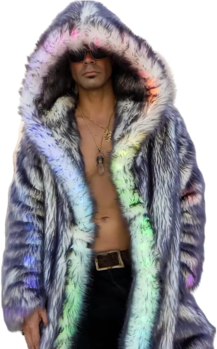 Led Light up Rave Jacket Fur Long Luminous Outfit Winter Warm Glow Party Clothing Flashing 3 Pockets Pirate Coat