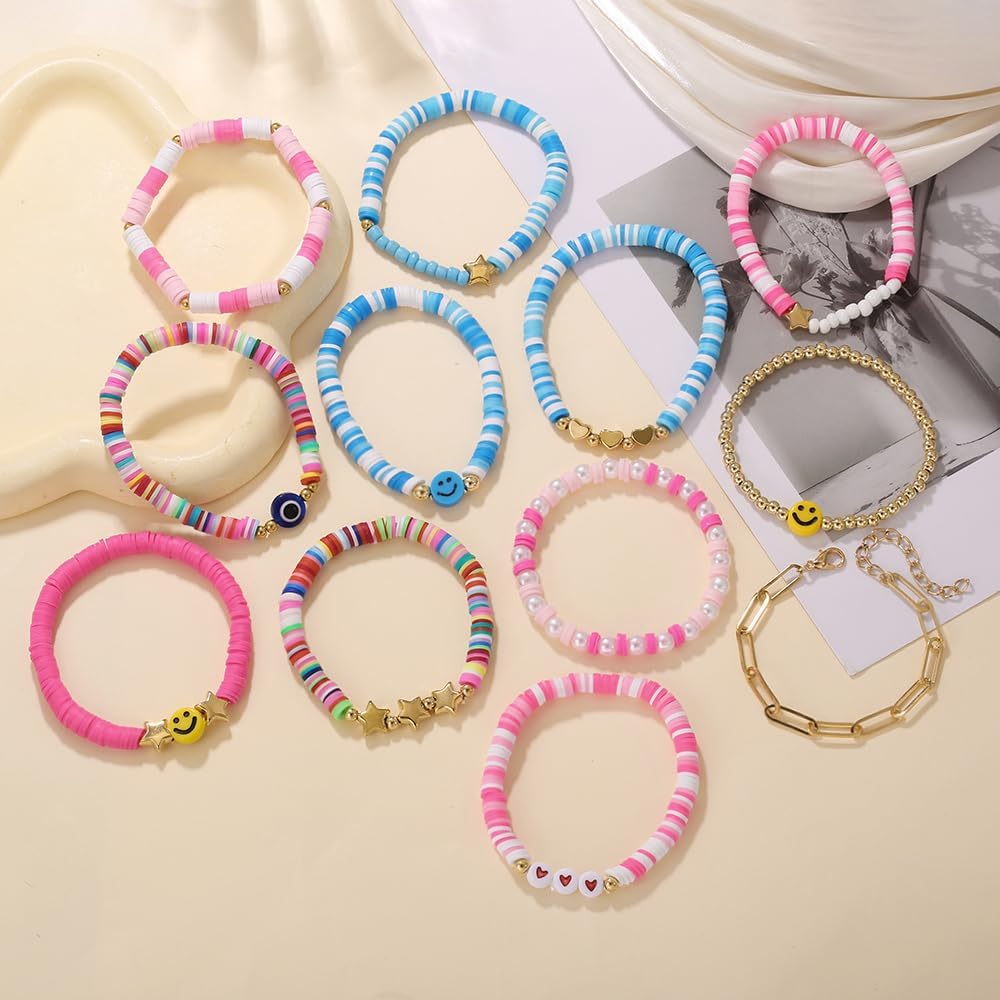 Friendship Bracelets Boho Stackable Bracelets for Women Surfer Heishi Clay Bead Bracelets Stretch Preppy Bracelets Colorful Boho Bracelets for Women