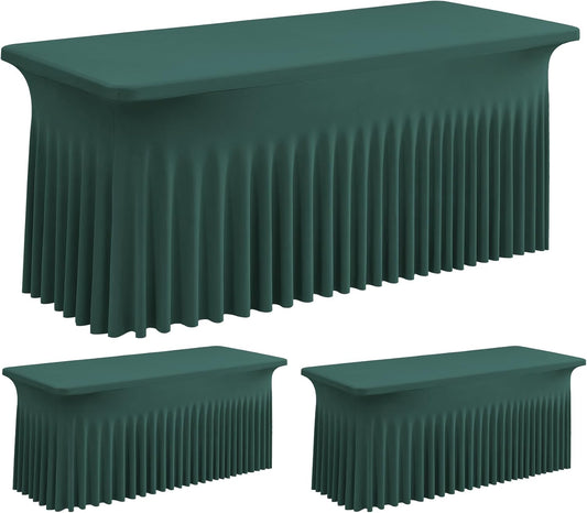 Hunter Green Spandex Table Clothes for 8 Foot Rectangle Tables, 2 Pack Wrinkle Free Rectangle Table Cloth 8ft Stretch Fitted Tablecloths with Skirt for Parties Weddings Birthday Banquet Baby Shower