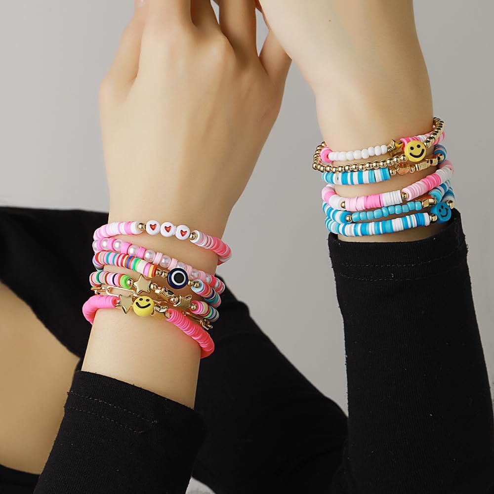 Heishi Surfer Clay Bead Bracelets Set for Women - Preppy Smile Evil Eye Beaded Stretch Bracelets Elastic Layering Friendship Bracelets- Stackable Boho Disc Summer Jewelry Set