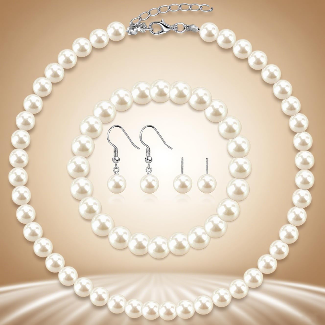 Pearl Jewelry Set for Women Faux Pearl Costume Jewelry Set with Necklace, Bracelets, Ring, Earrings for Wedding Bridal Birthday Tea Party