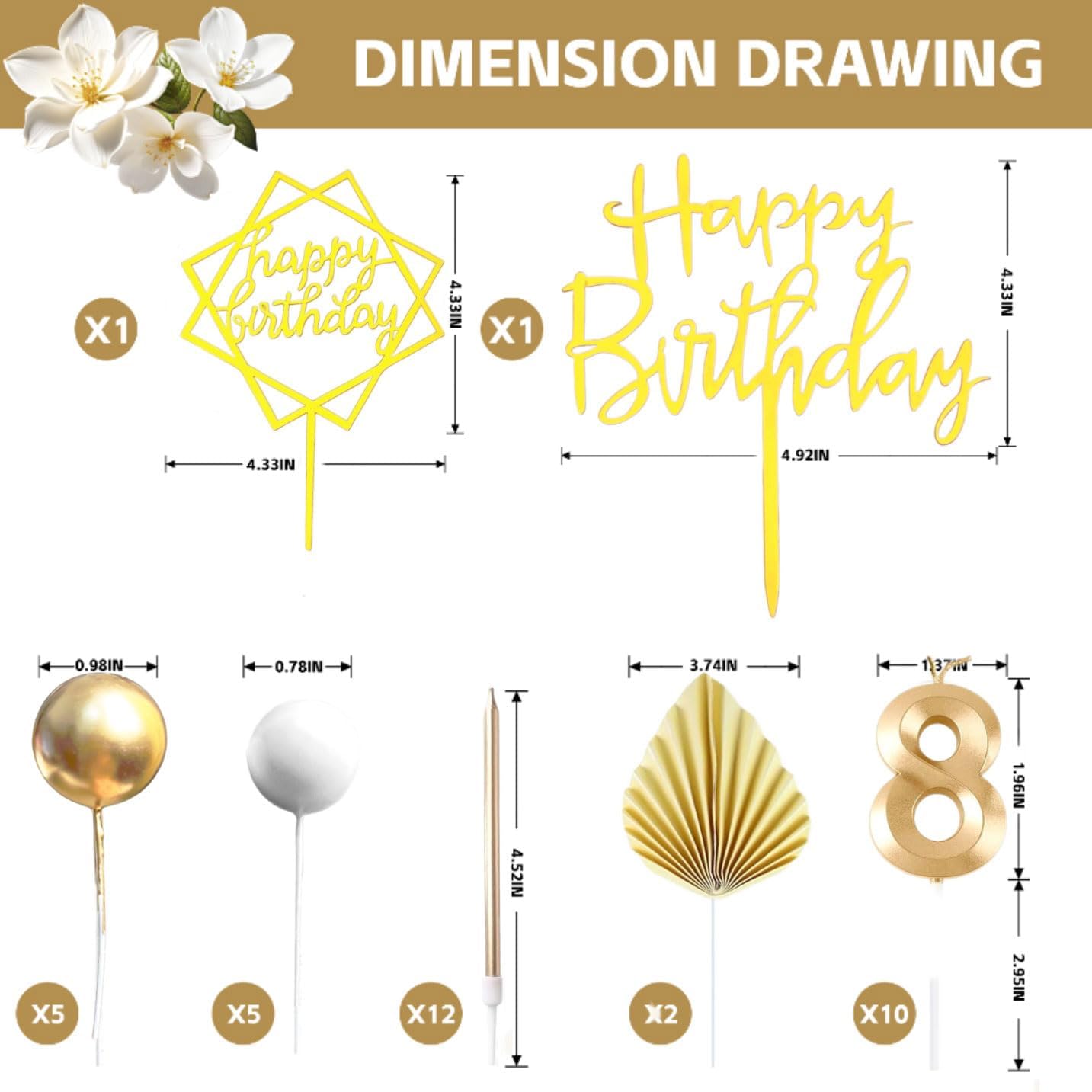 36 Pcs Birthday Candle Set, Tyotrbs Birthday Candles For Cake Champagne Gold Birthday Decorations White Gold Balls Cake Toppers Birthday Candles DIY Cake Decor for Men Women Wedding Anniversary