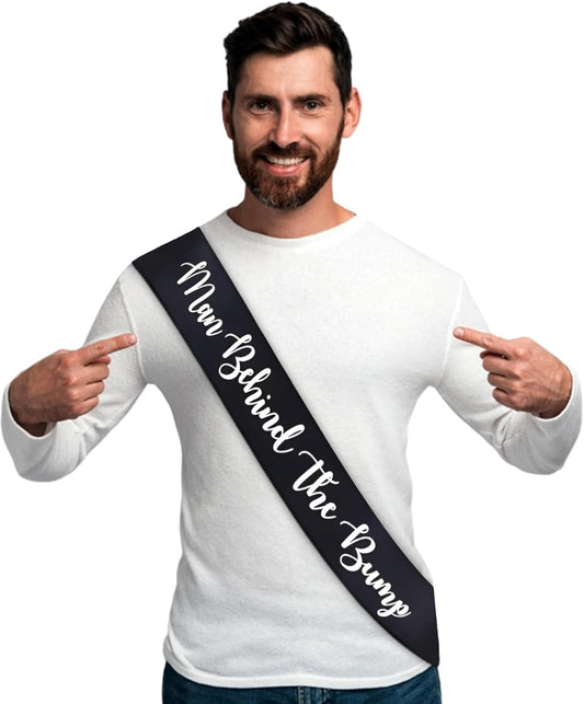 "Man Behind The Bump" Funny Baby Shower Sash for Daddy to Be, Baby Shower Party Decorations Gifts Supplies Dad to Be Baby Gender Reveal Ideas New Father Favors (Black and White)