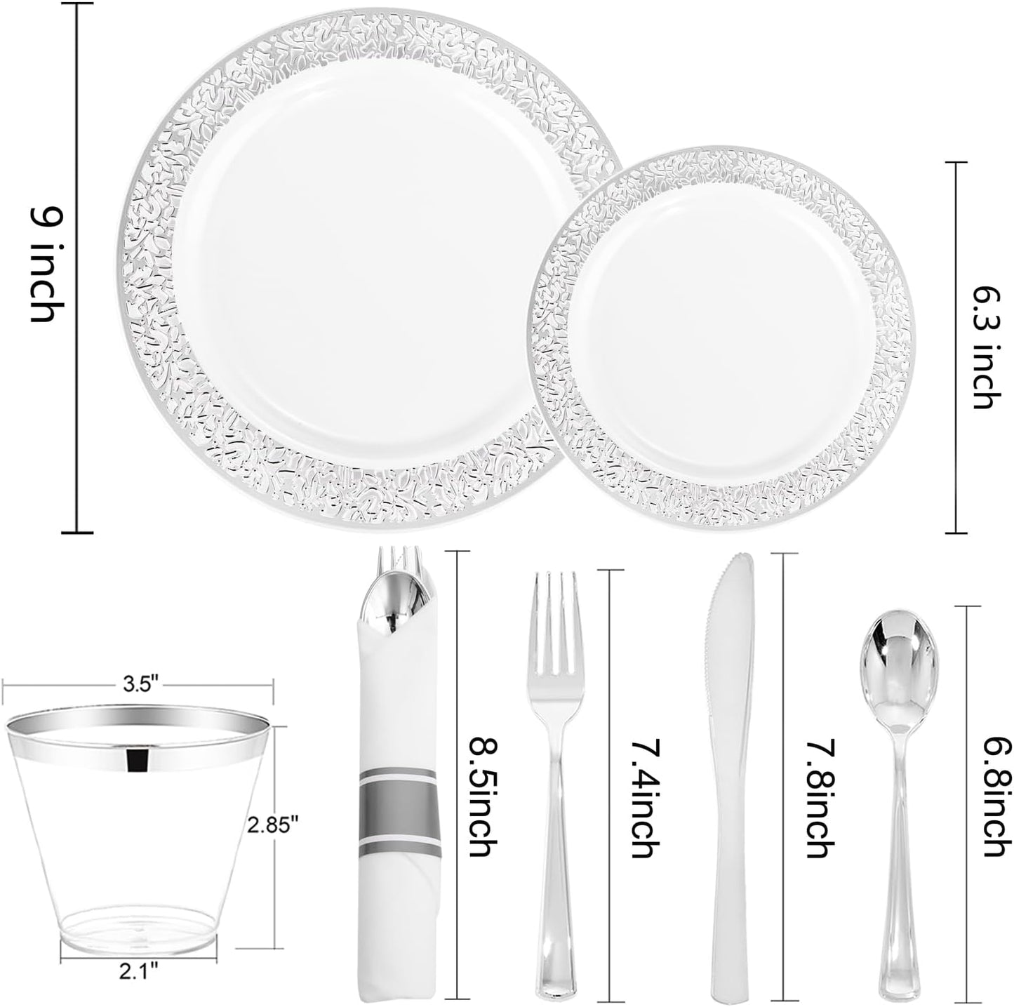 WELLIFE 175Pcs Silver Dinnerware Sets, Include:25 Dinner Plates, 25 Dessert Plates, 25 Paper Napkins, 25 Cups, 75 Silver Silverware Set for Party and Weddings