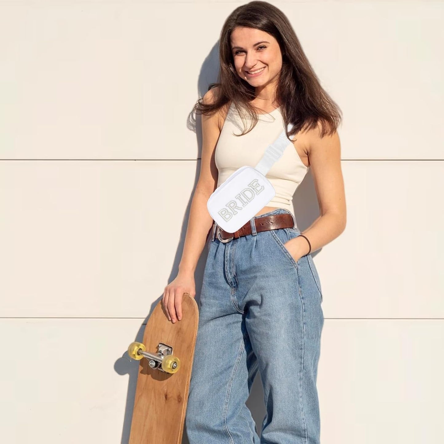 Lamyba Bride Gifts, Bachelorette Gifts for Bride Fanny Pack, Bride to be Gifts for Wedding Day Bachelorette Party Engagement Honeymoon, Pearl Bride Belt Bag White