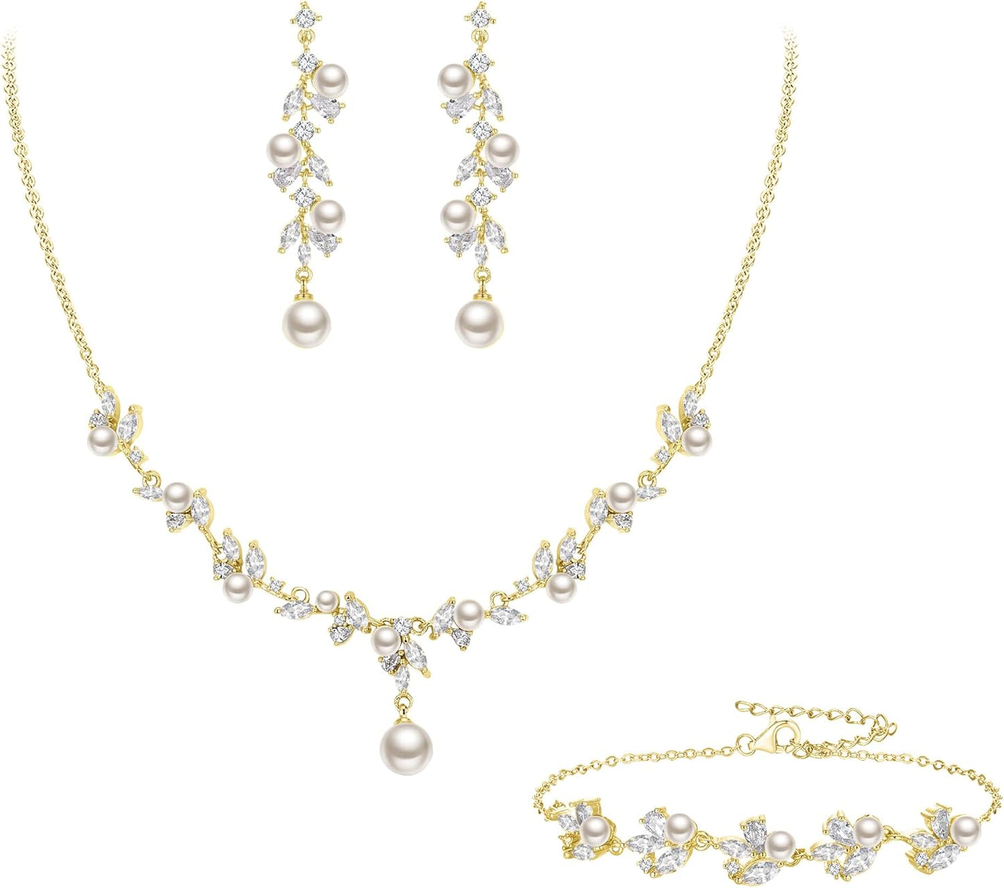 EleQueen Women's Simulated Pearl Wedding Jewelry Set, Cubic Zirconia Marquise Floral Bridal Necklace Earrings Bracelet Sets