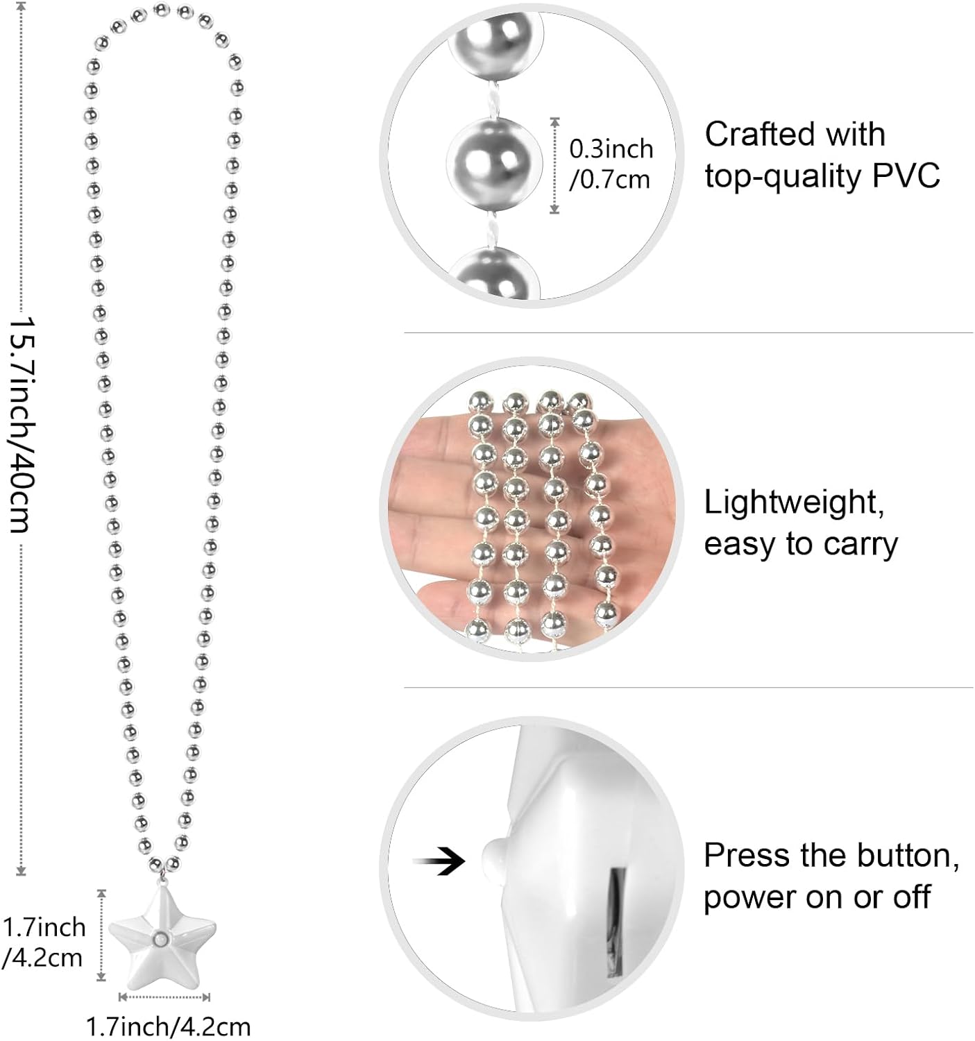 6 Pack Glow White Necklace Beaded Necklaces with Light Up Star for Halloween Christmas Decorations Mardi Gras Party Favors