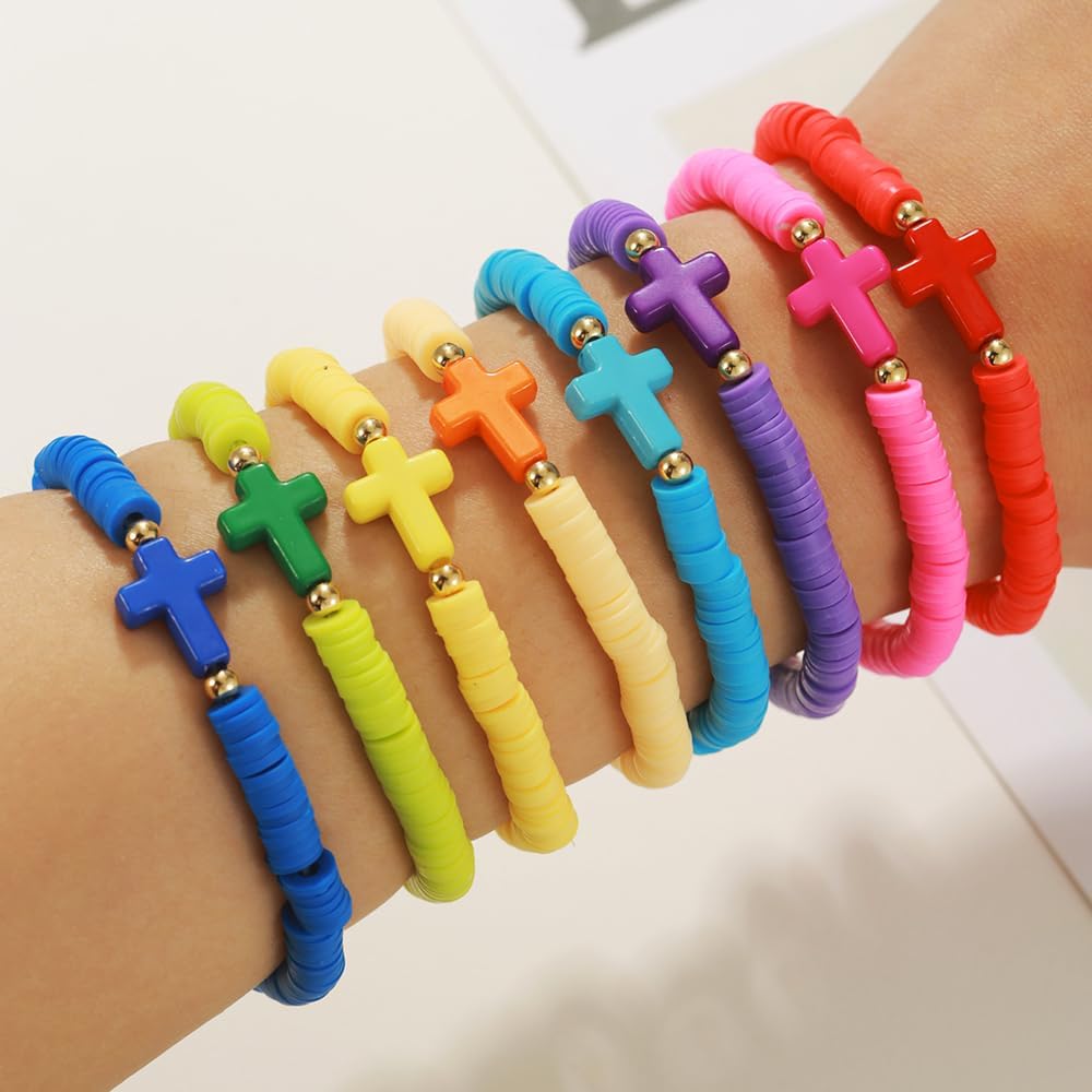 Friendship Bracelets for Women - Heishi Surfer Colorful Smile Evil Eye Clay Beaded Stretch Bracelets Elastic Layering - Stackable Boho Disc Y2K Aesthetic Summer Jewelry Set.