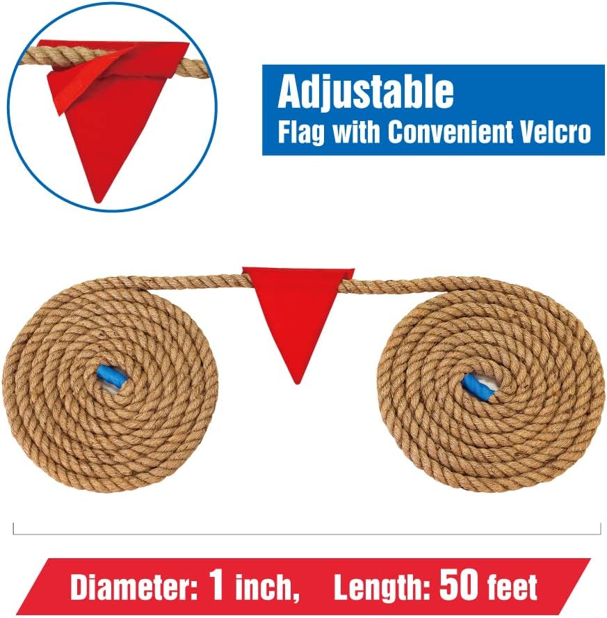 Gothink 50 FT Tug of War Rope Set for Kids - Soft Natural Jute Fiber Rope with Red Flag for School Field Day, Birthday, Holiday Party Game，Camping，Backyard Outdoor Games & Team Activities