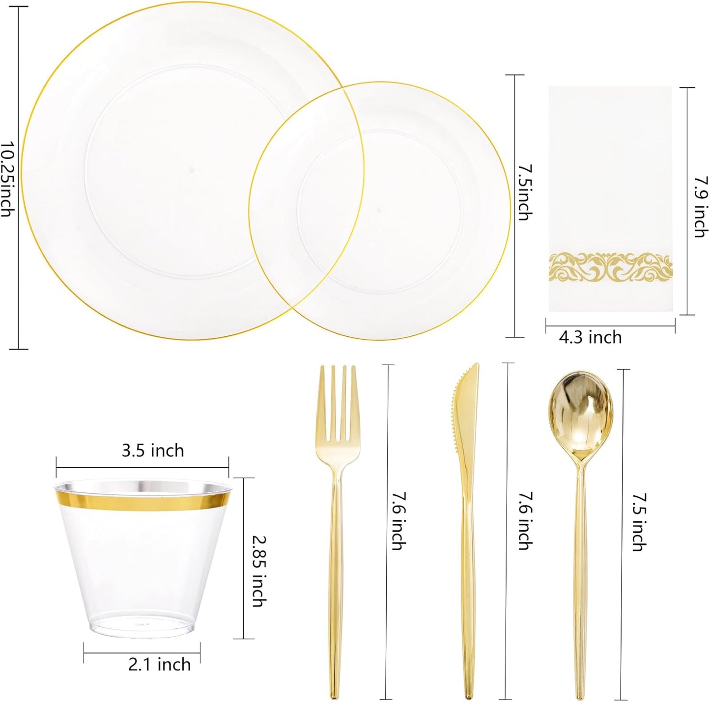 MirthMood 350Pcs Clear and Gold plates,Clear plates, Plastic Plates for Party Include 50 Dinner,50Dessert Plate,50 Cup&50 Napkins, 150 Gold Silverware for Wedding & Party & Birthday