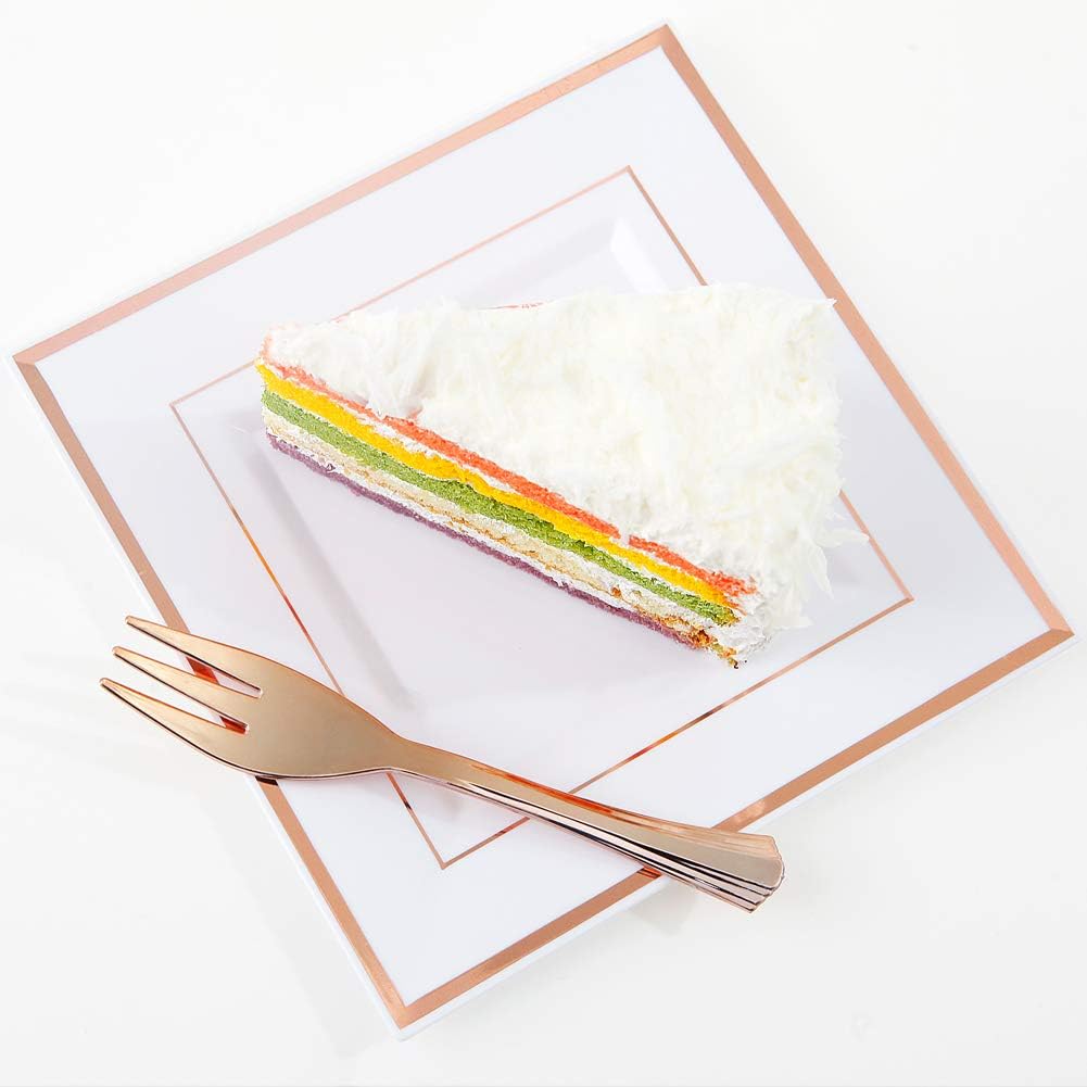 WDF 86pcs Rose Gold Dessert Plates 6" with 86 Pieces Disposable Forks 5", Elegant Square Appetizer Small Plastic Plates for Mother's Day, Wedding