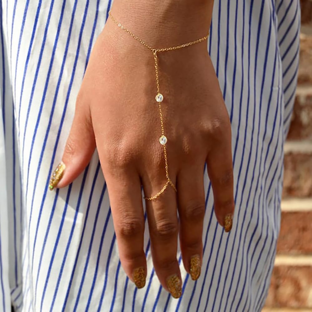 Listine Hand Chain Bracelet 14K Gold Plated Ring Bracelet Hand Chain Trendy Stuff for Women Dainty Hand Bracelets with Finger Ring Hand Jewelry for Women