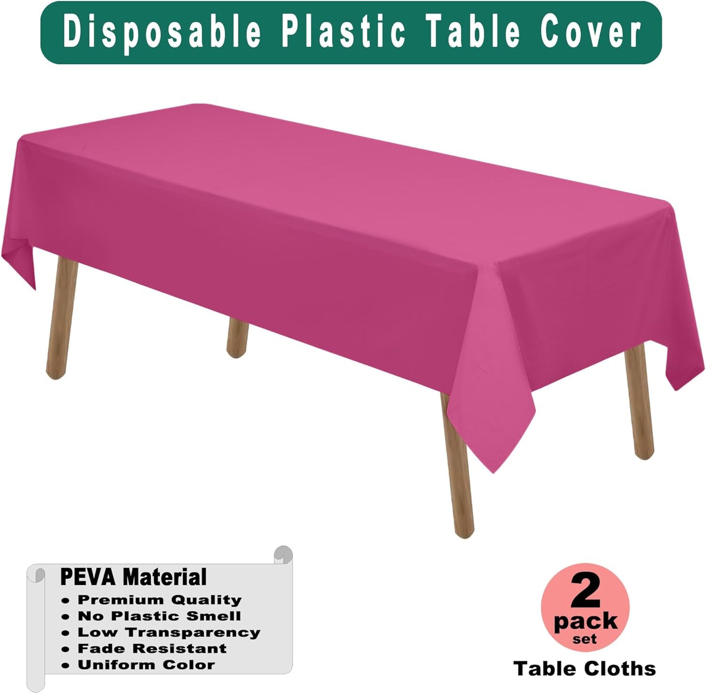 Hot Pink Plastic Tablecloths 2 Pack Fuchsia Disposable Table Covers 54 x 108 Inch Bridal Magenta Shower Party Tablecovers PEVA Cerise Table Cloths for BBQ Birthday Wedding's 8 ft Rectangle Table Use