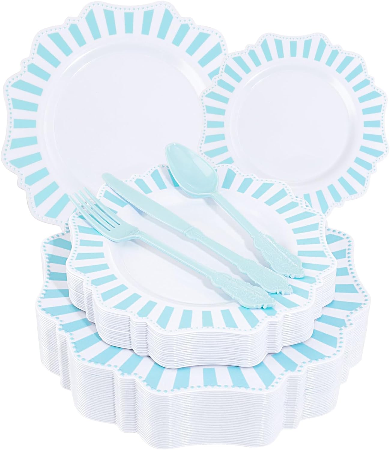COLOSUS 150pcs Disposable Blue and White Striped Easter Plastic Party Plates and Silverware set, Light Blue Dinner/Dessert Plates silverware serve 30guests for Birthday Wedding Party and Daily use.