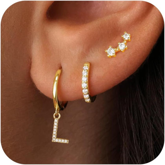 Gold Earrings for Women Girls - 3 Pairs Gold Huggie Hoop Earrings for Girls with Initial Dangle Cartilage Earrings Studs Hypoallergenic Earring Set for Multiple Piercing Gifts for Women Girl