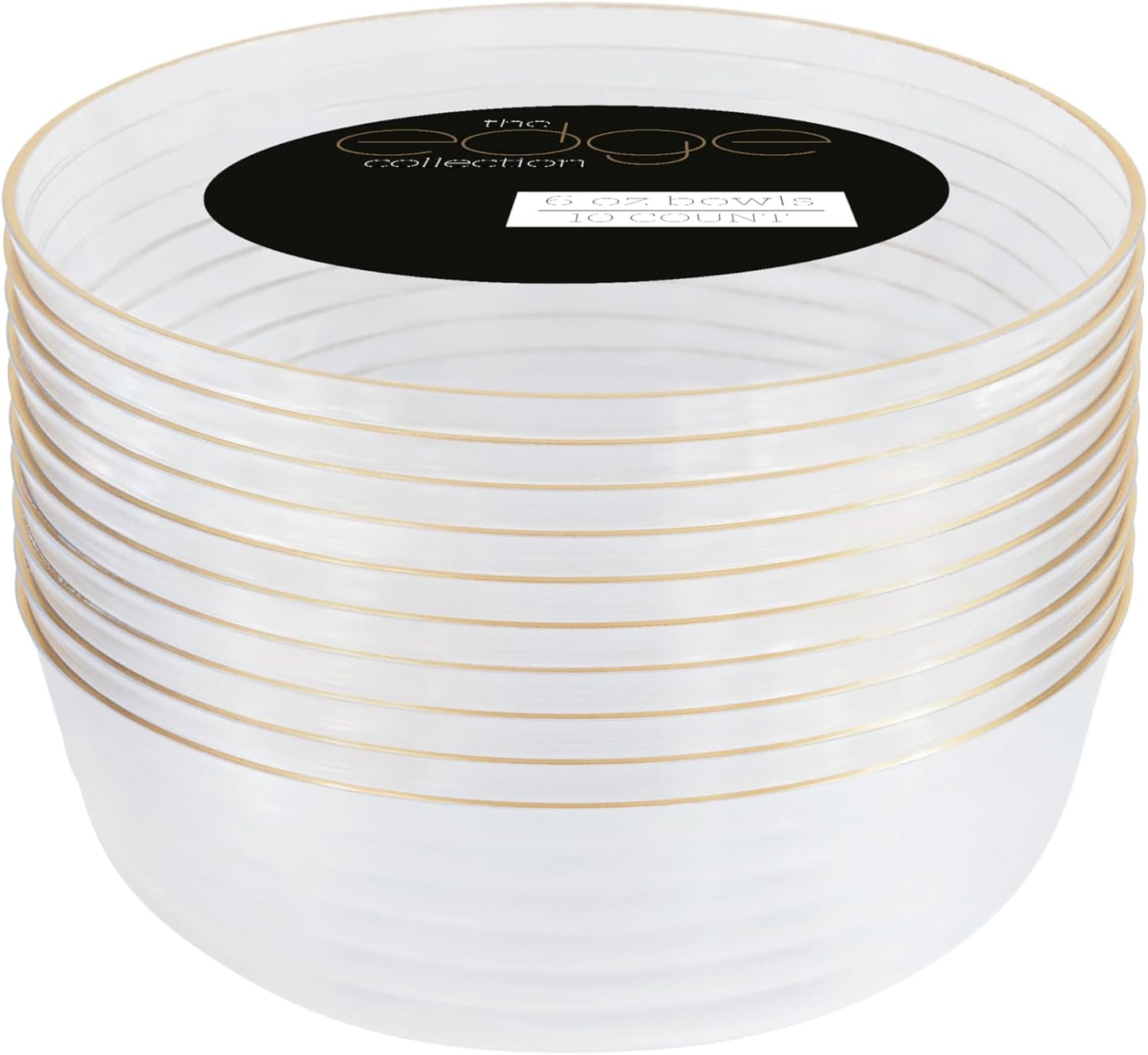 PLASTICPRO [30 Pack 6 OZ Bowls Edge Collection Clear with Gold Rim Plastic Party Dessert Bowls Premium heavyweight Elegant Disposable Tableware Dishes