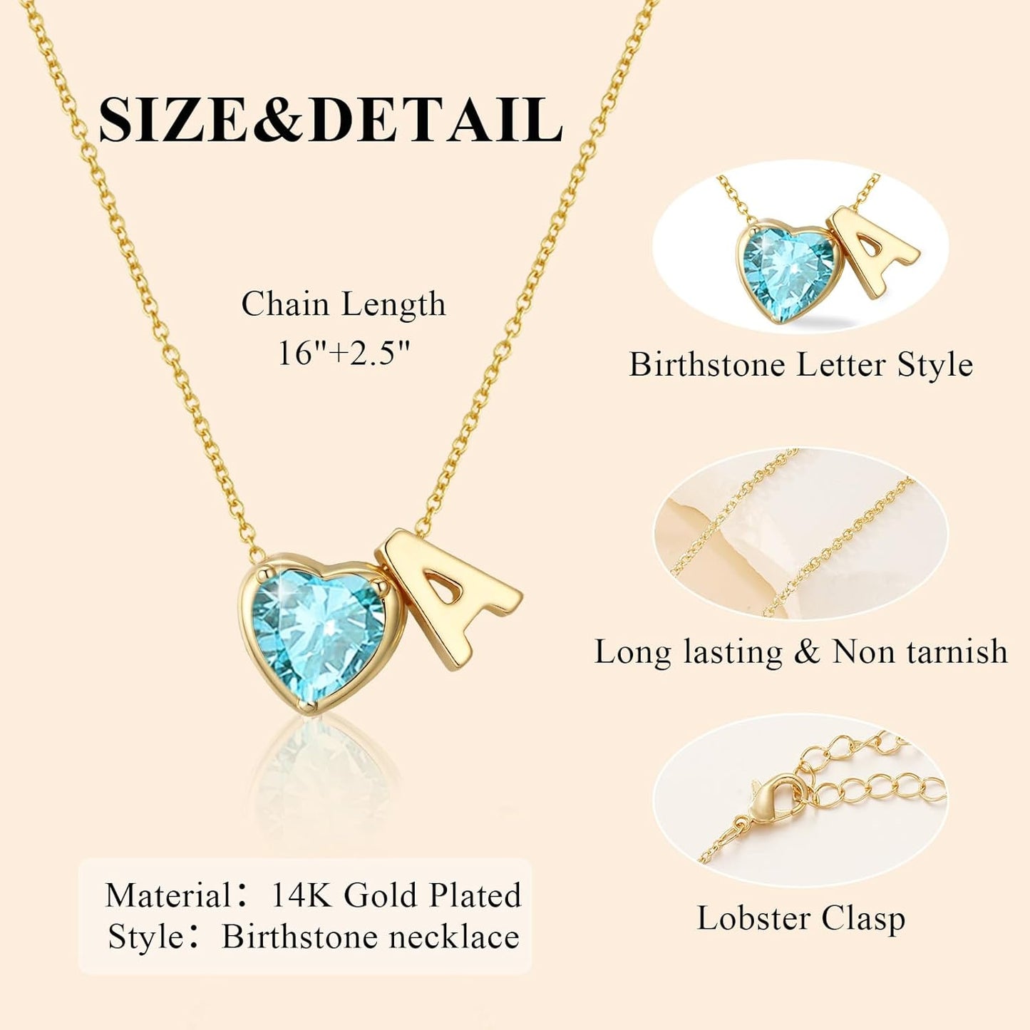 Heart Birthstone Initial Necklace for Women Girls,14K Gold Plated Heart Letter A-Z Necklace Dainty Birthday Trendy Jewelry Gifts for Women Girls Daughter