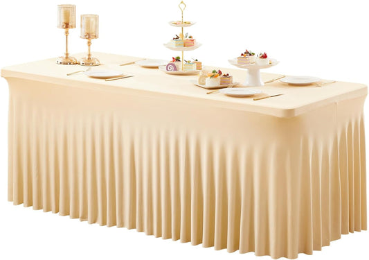 1 Pack Dark Champagne Table Clothes for 4 Foot Rectangle Tables, One-Piece Wrinkle Resistant Stretch Spandex Table Covers with Skirt for Event Banquet Wedding Birthday Party