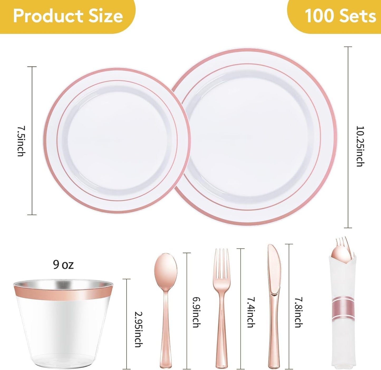 Goodluck 700 Piece Rose Gold Plastic Dinnerware Set for 100 Guests, Disposable Plates for Party, Include: 100 Dinner Plates, 100 Dessert Plates, 100 Pre Rolled Napkins with Silverware, 100 Cups