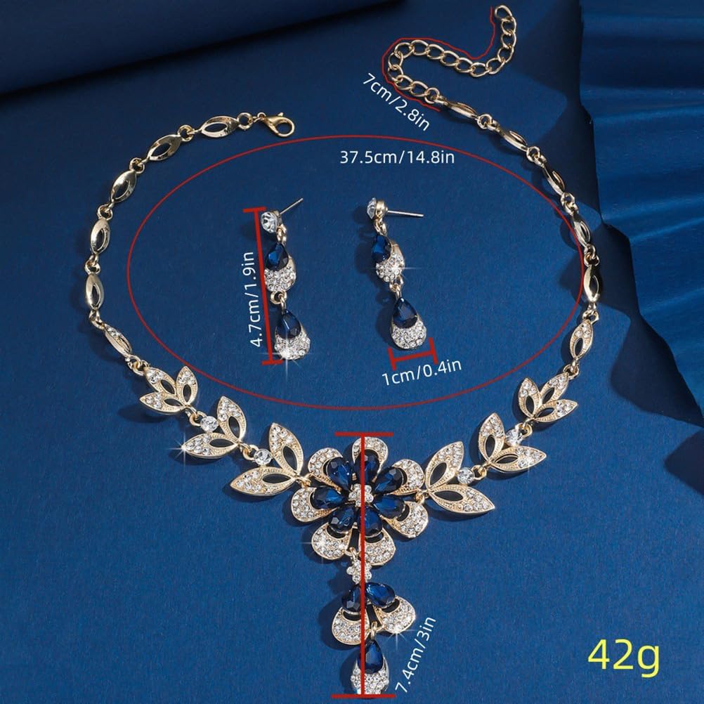 Wedding Jewelry Sets for Brides Rhinestone Necklace and Earring Set Bracelet Ring Gold Silver Prom Jewelry Sets Diamond Flower Teardrop Necklace for Women