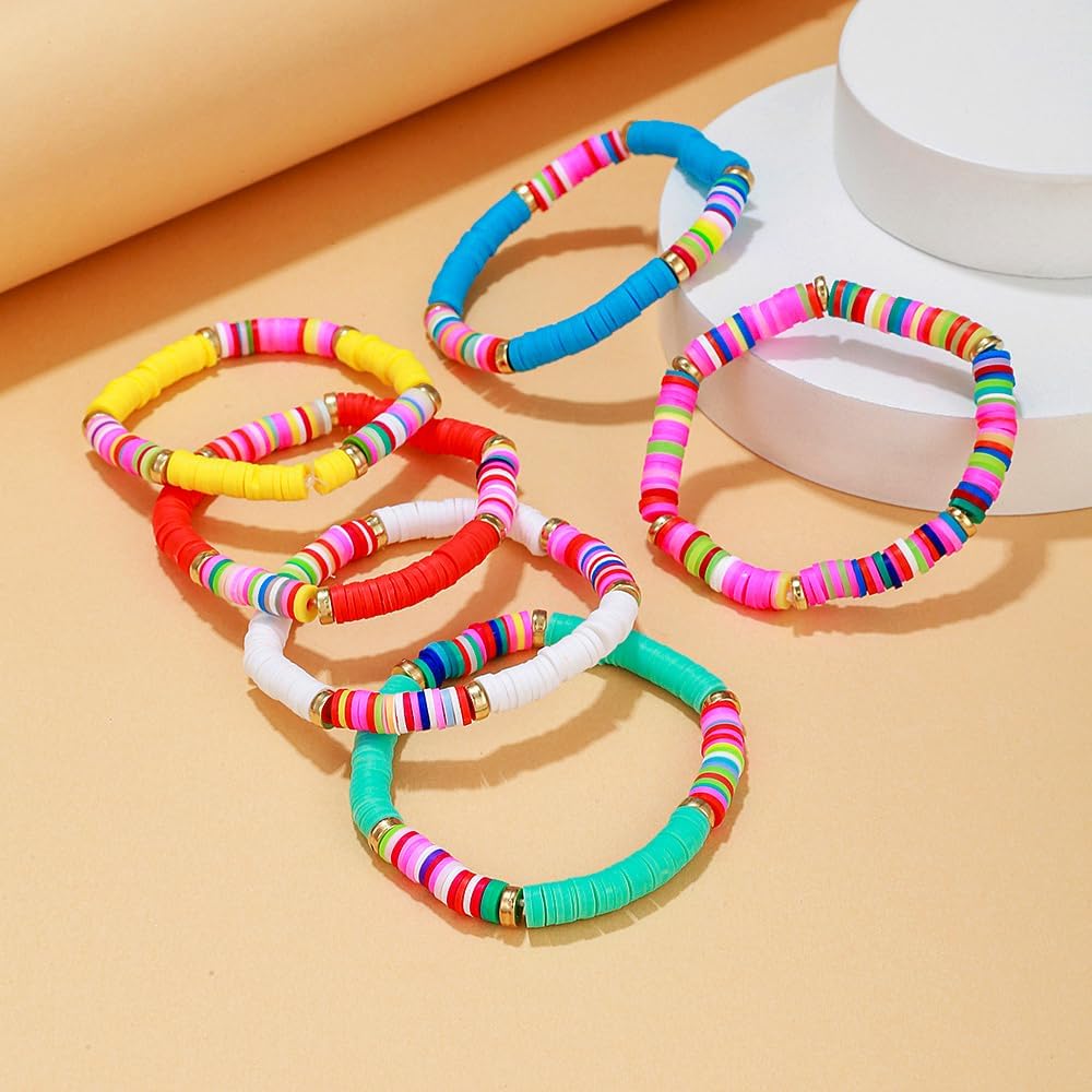Friendship Bracelets for Women - Heishi Surfer Colorful Smile Evil Eye Clay Beaded Stretch Bracelets Elastic Layering - Stackable Boho Disc Y2K Aesthetic Summer Jewelry Set.